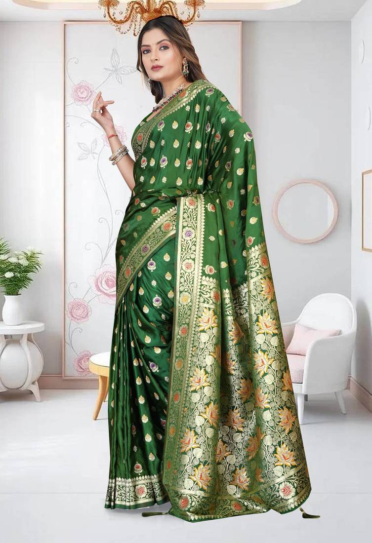 Mehandi Green Banarasi Satin Silk Saree with Silver Zari & Thread Work and Rich Traditional Pallu