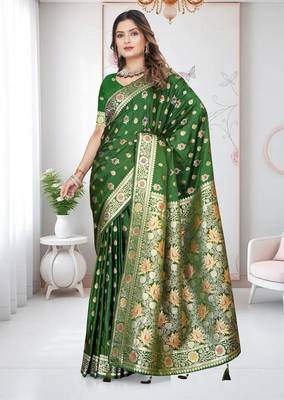 Mehandi Green Banarasi Satin silk blend Saree with Silver Zari & Thread Work and Rich Traditional Pallu 2
