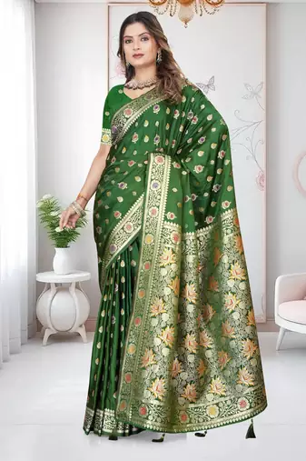 Mehandi Green Banarasi Satin silk blend Saree with Silver Zari & Thread Work and Rich Traditional Pallu