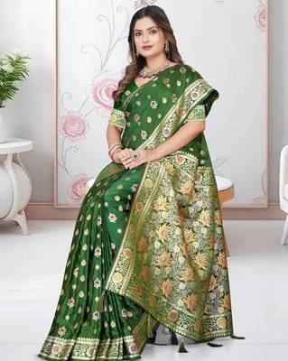 Mehandi Green Banarasi Satin silk blend Saree with Silver Zari & Thread Work and Rich Traditional Pallu 3