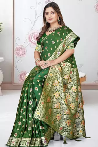 Mehandi Green Banarasi Satin silk blend Saree with Silver Zari & Thread Work and Rich Traditional Pallu