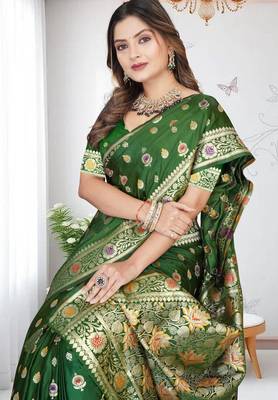 Mehandi Green Banarasi Satin silk blend Saree with Silver Zari & Thread Work and Rich Traditional Pallu 4