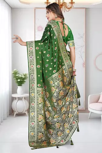 Mehandi Green Banarasi Satin silk blend Saree with Silver Zari & Thread Work and Rich Traditional Pallu