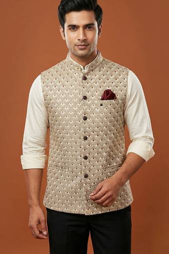 Light grey thread and sequins embroidered nehru jacket 