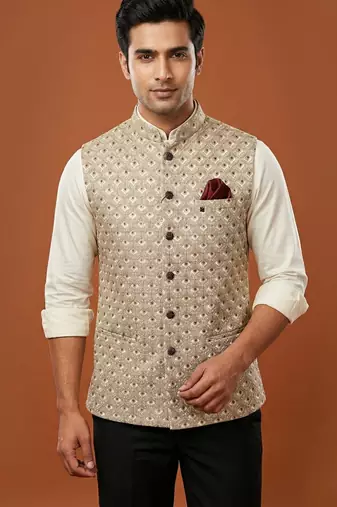 Light grey thread and sequins embroidered nehru jacket 