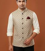 Light grey thread and sequins embroidered nehru jacket 