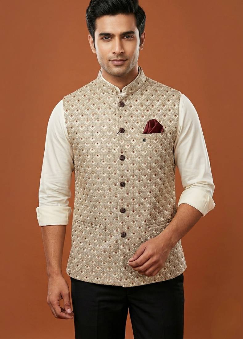 Light grey thread and sequins embroidered nehru jacket 