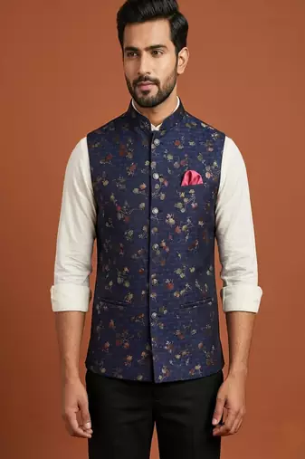 Navy blue printed nehru jacket  for men