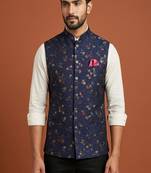 Navy blue printed nehru jacket  for men