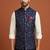 Navy blue printed nehru jacket  for men