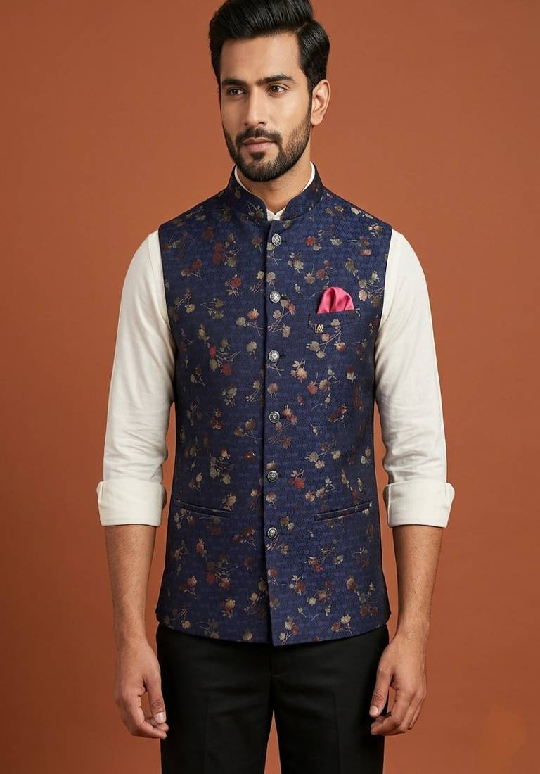 Navy blue printed nehru jacket  for men