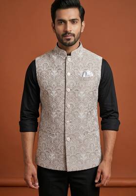 Beige thread and sequins embroidered nehru jacket  for men 1