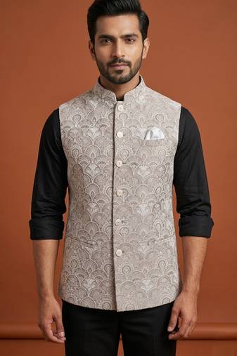 Beige thread and sequins embroidered nehru jacket  for men