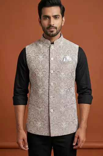 Beige thread and sequins embroidered nehru jacket  for men