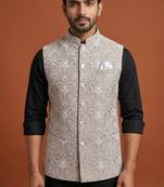 Beige thread and sequins embroidered nehru jacket  for men