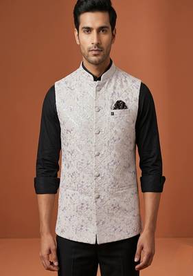 Ivory thread and sequins embroidered nehru jacket  1