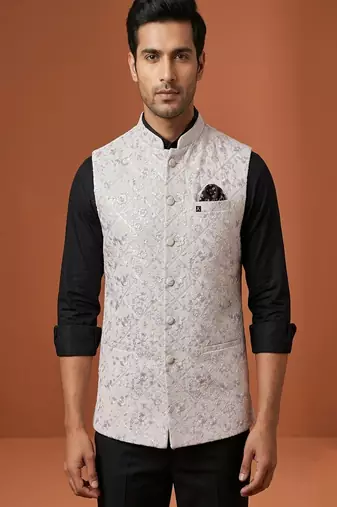 Ivory thread and sequins embroidered nehru jacket 