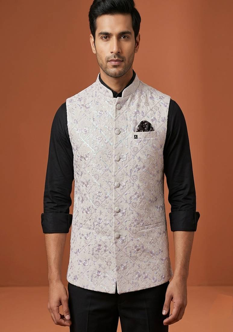 Ivory thread and sequins embroidered nehru jacket 