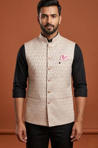 Light pink thread work nehru jacket 