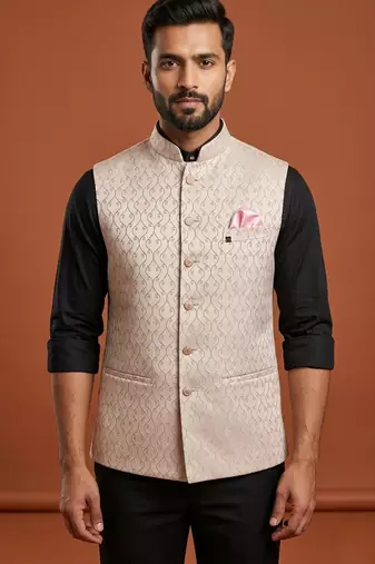 Light pink thread work nehru jacket 