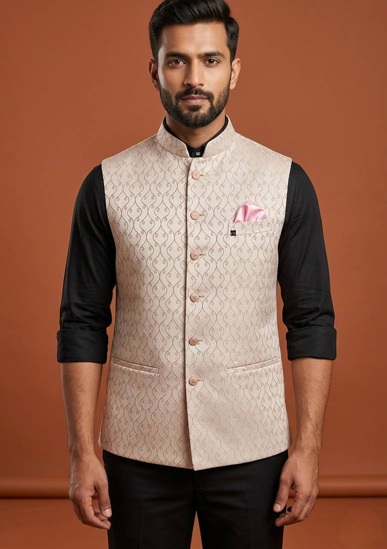 Light pink thread work nehru jacket 