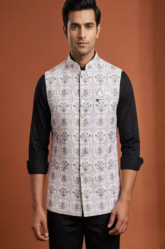 Ivory thread and zari embroidered nehru jacket 
