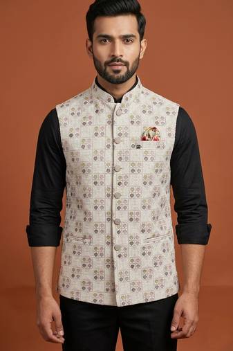 Ivory thread and pearl embroidered nehru jacket 