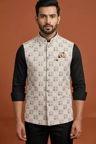 Ivory thread and pearl embroidered nehru jacket 