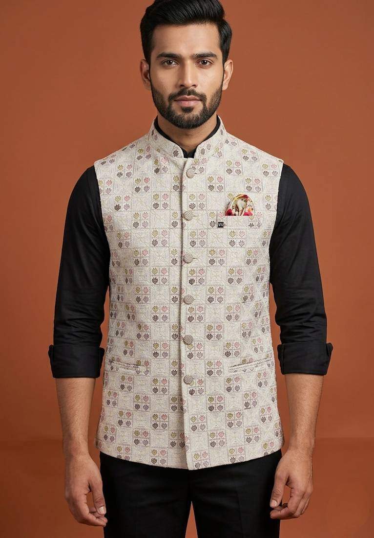 Ivory thread and pearl embroidered nehru jacket 