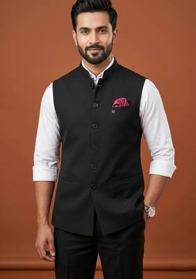 Black knitted plain nehru jacket  for men 1