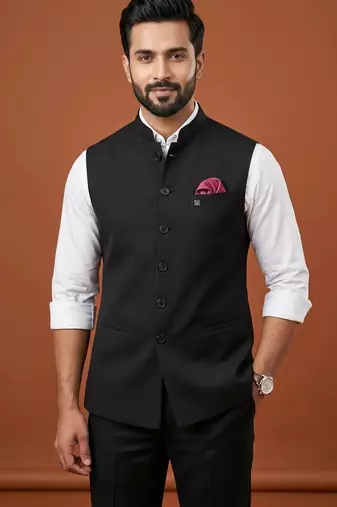 Black knitted plain nehru jacket  for men