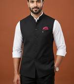 Black knitted plain nehru jacket  for men