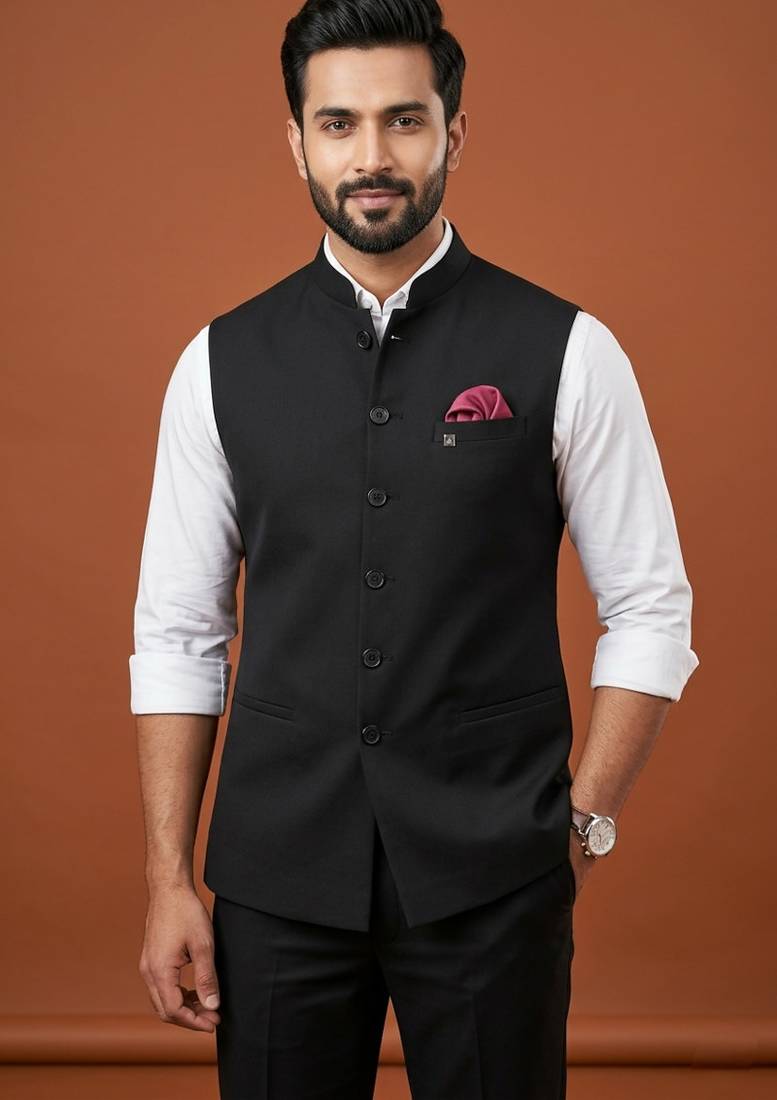 Black knitted plain nehru jacket  for men