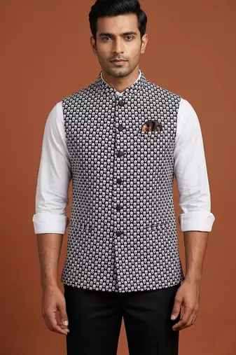 Black thread and sequins embroidered nehru jacket 