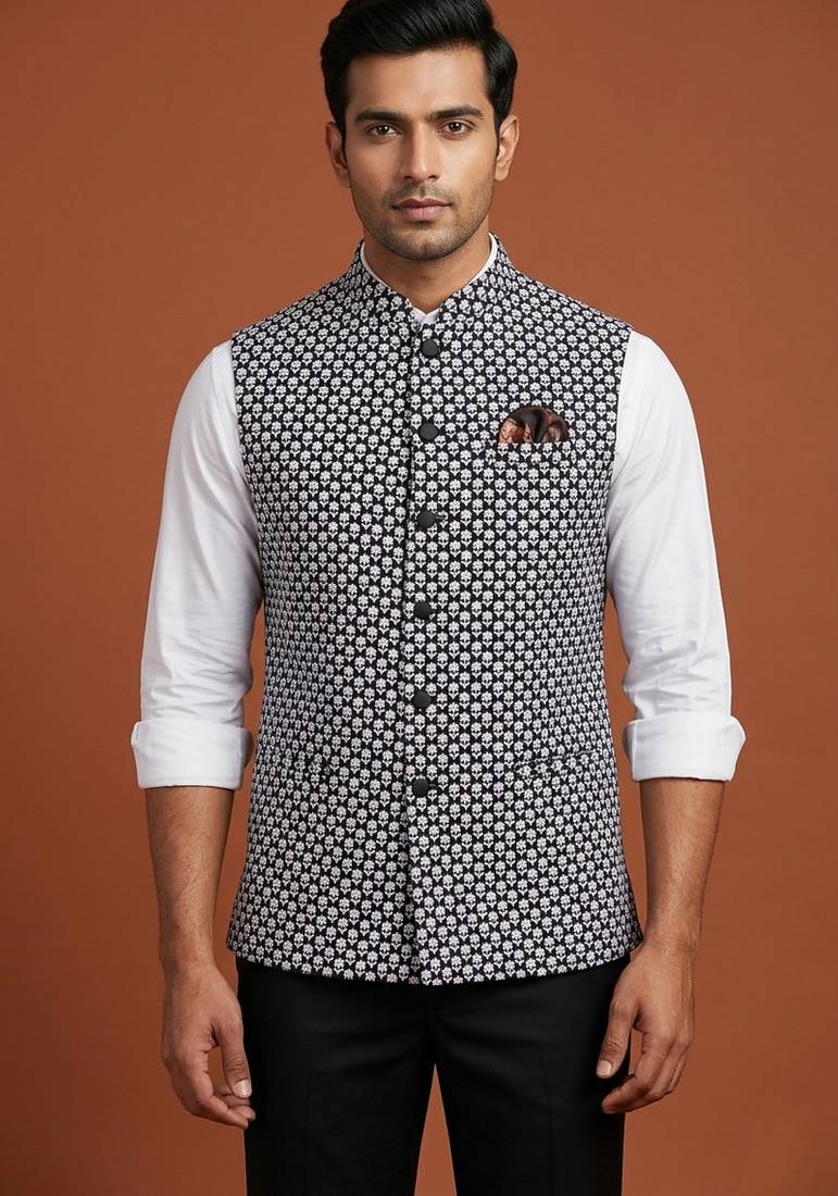 Black thread and sequins embroidered nehru jacket 