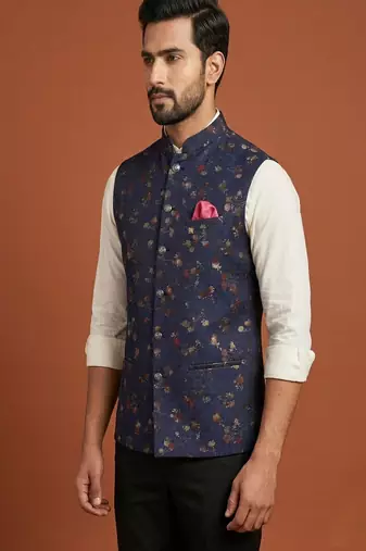 Navy blue printed nehru jacket  for men