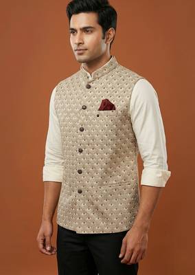 Light grey thread and sequins embroidered nehru jacket  2
