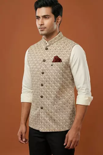 Light grey thread and sequins embroidered nehru jacket 