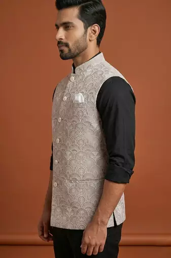 Beige thread and sequins embroidered nehru jacket  for men