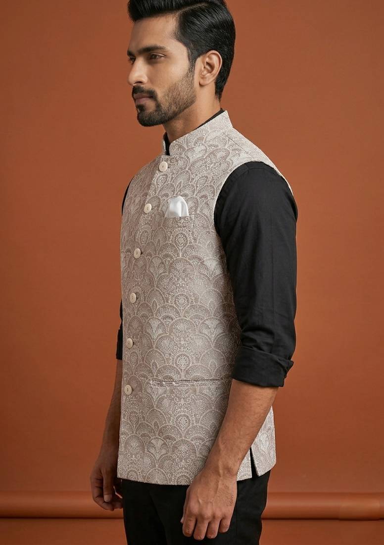 Beige thread and sequins embroidered nehru jacket  for men
