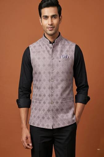 Light purple thread and sequins embroidered nehru jacket 