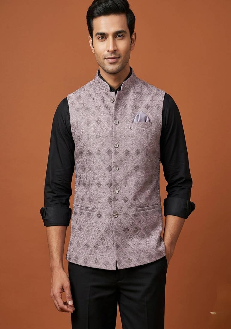 Light purple thread and sequins embroidered nehru jacket 