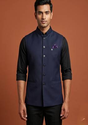 Navy blue knitted plain nehru jacket  for men 1