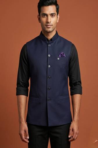 Navy blue knitted plain nehru jacket  for men