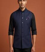 Navy blue knitted plain nehru jacket  for men