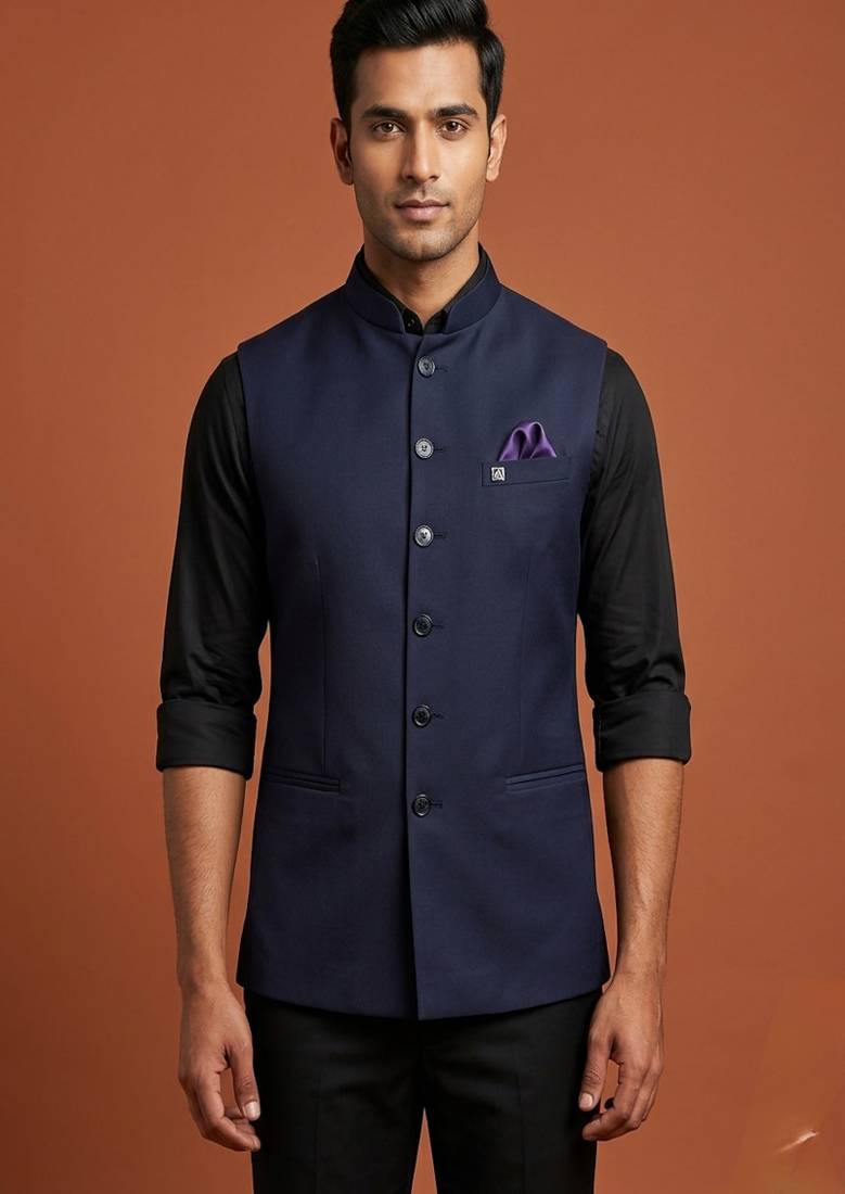 Navy blue knitted plain nehru jacket  for men