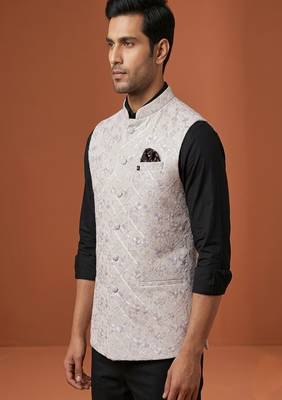 Ivory thread and sequins embroidered nehru jacket  2