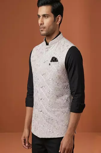 Ivory thread and sequins embroidered nehru jacket 