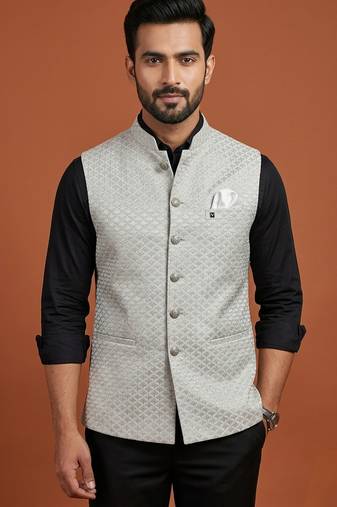 Light grey thread and sequins work nehru jacket 
