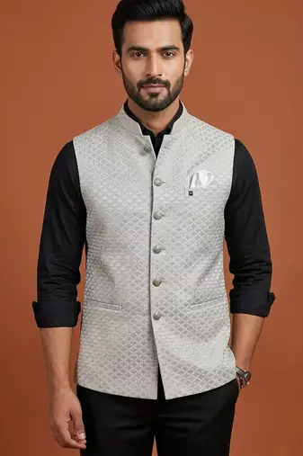 Light grey thread and sequins work nehru jacket 